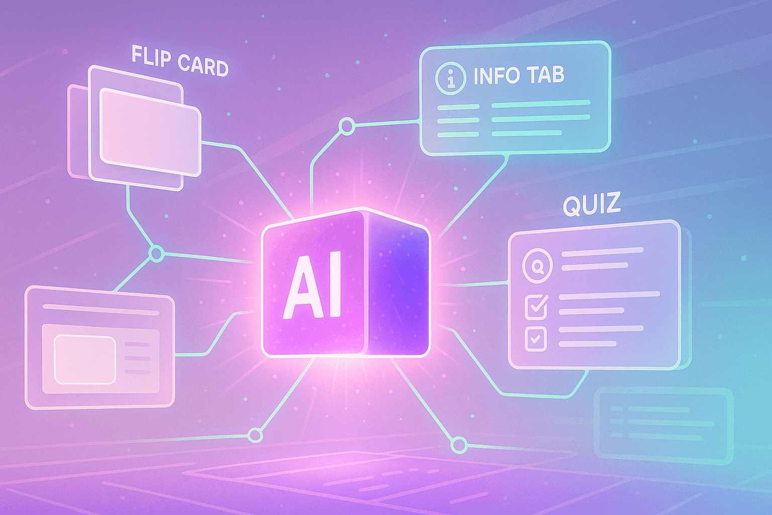 Futuristic purple gradient illustration of an AI agent creating e-learning content types including Flip Card, Info Tab and Quiz modules, connected in a network diagram for AI Course Creation Agent