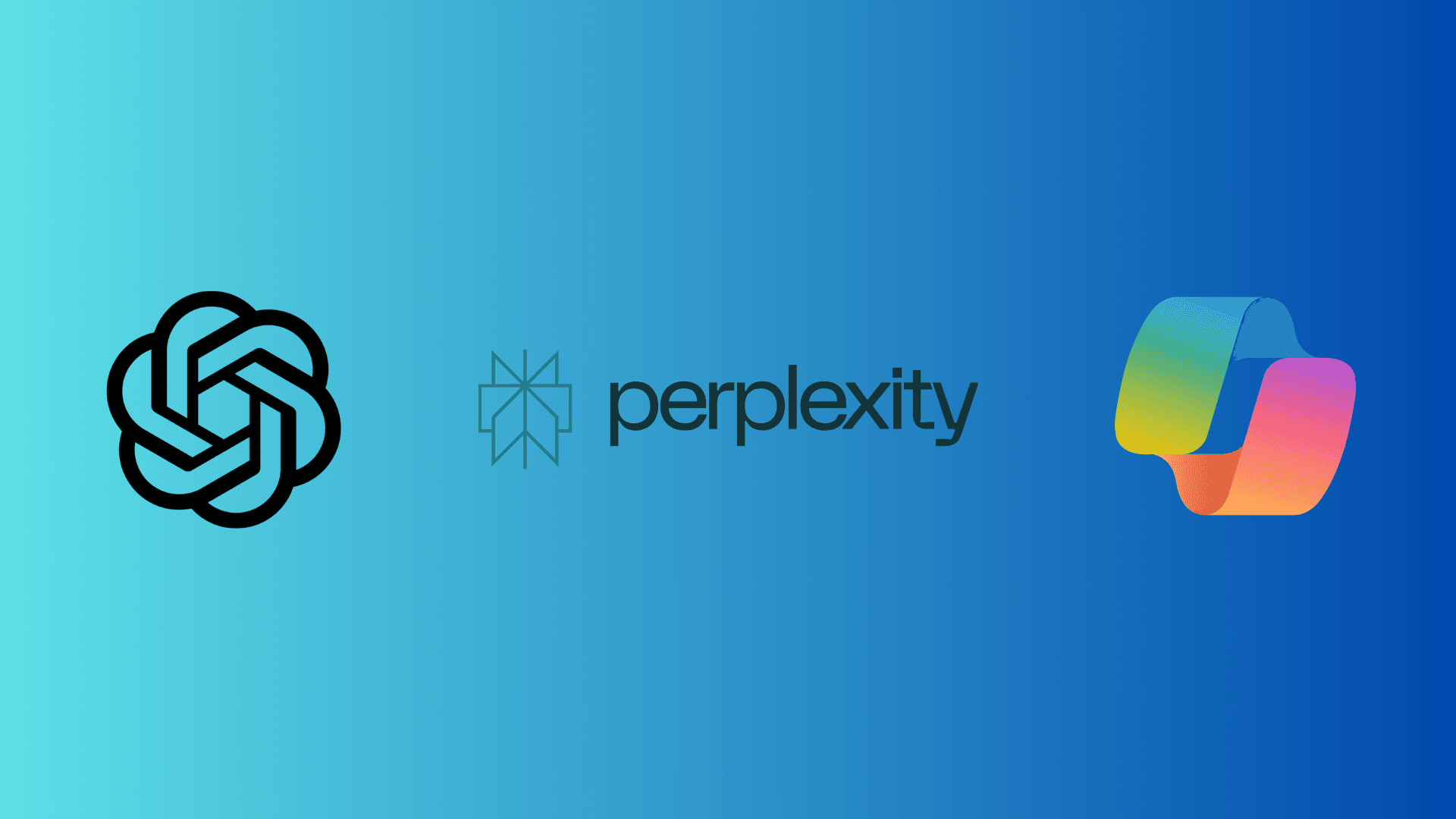 Three major AI company logos displayed on teal blue gradient background - OpenAI circular spiral logo, Perplexity AI text with asterisk icon, and Microsoft Copilot colorful ribbon logo