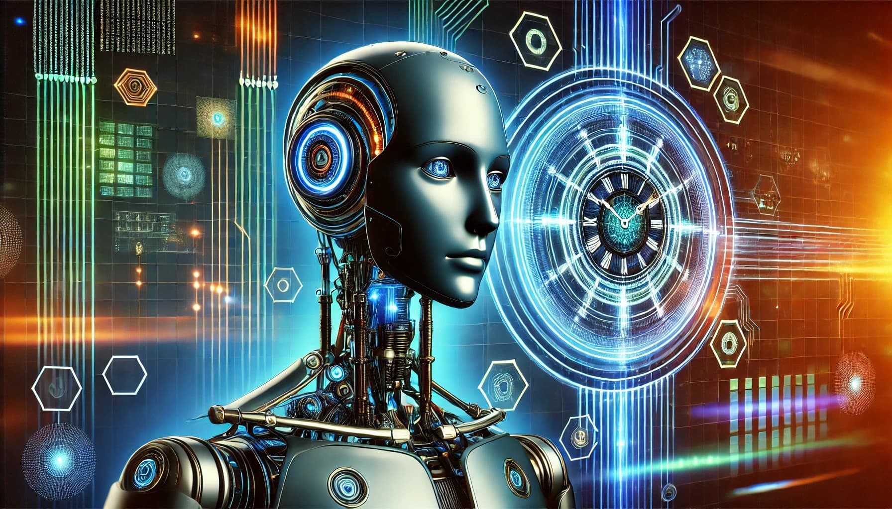 Futuristic digital artwork of a humanoid AI robot with glowing blue circuit patterns and holographic gear clock mechanism on orange technology background representing artificial intelligence in business