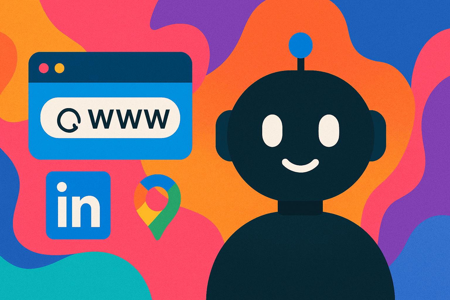 Colorful illustration of a smiling robot character surrounded by web browser, LinkedIn and Google Maps icons on vibrant abstract background, representing an AI Company Data Extraction Agent