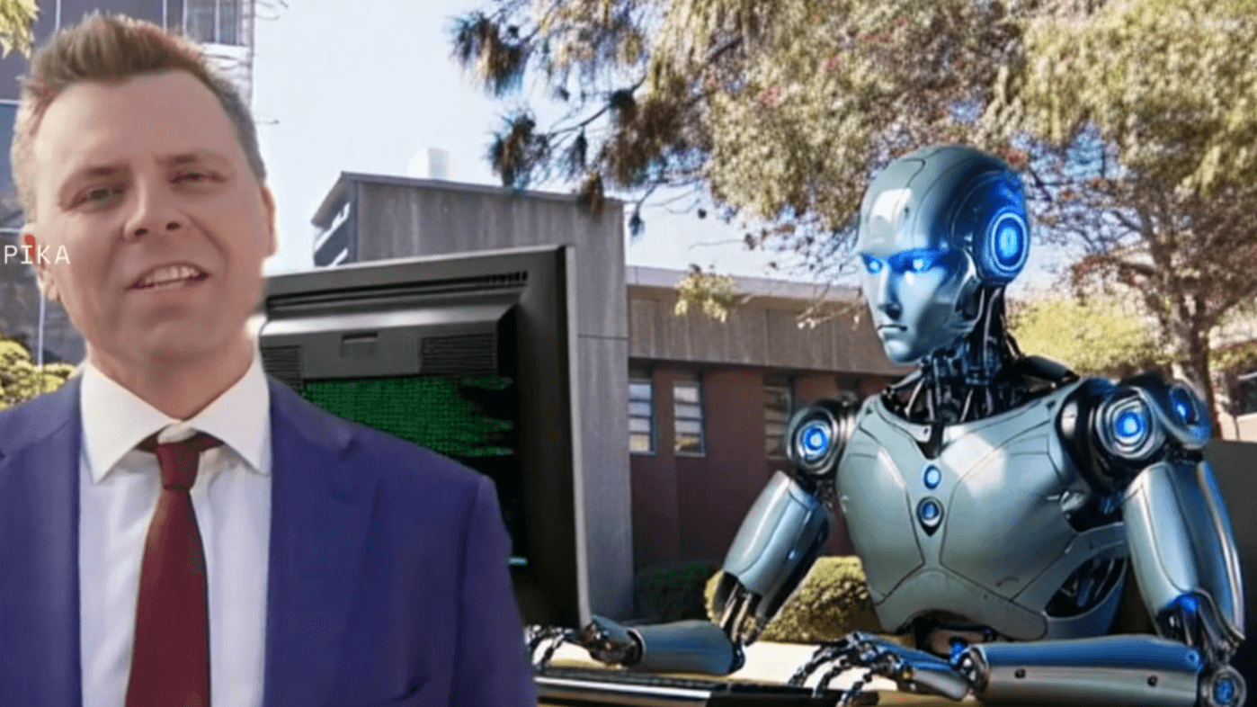 Pika AI generated video frame showing a man in a blue suit alongside an AI-generated humanoid robot sitting at a computer keyboard, demonstrating the Pikaddition AI object insertion feature
