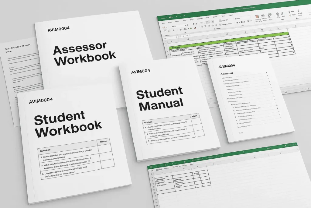 RTO training materials including Assessor Workbook, Student Manual and Student Workbook for unit AVIM0004, with Excel spreadsheet data tables showing compliant unit automation