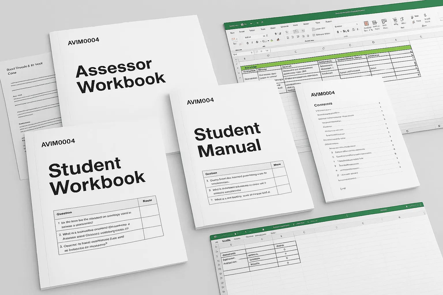 RTO training materials including Assessor Workbook, Student Manual and Student Workbook for unit AVIM0004, with Excel spreadsheet data tables showing compliant unit automation
