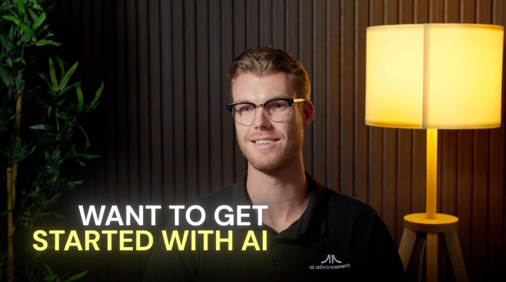 AI Advancements consultant smiling with text inviting viewers to get started with AI strategy for their business